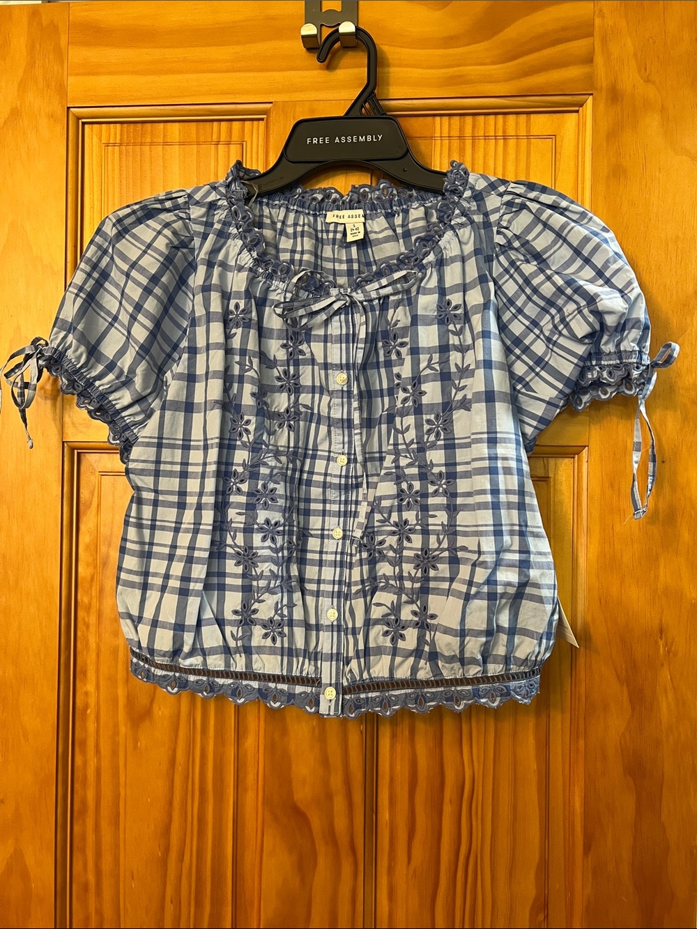 Plaid Embroidered Peasant Top, peek-a-boo eyelet flowers, cropped a little